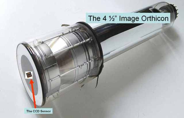 How the mighty have shrunk. A 4.5″ Image Orthicon vacuum tube next to a CCD sensor